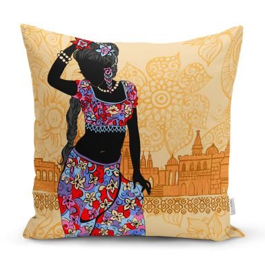 Etnik Desen Zeminli Siyahi Kadın Motifli Dekoratif Kırlent Kılıfı