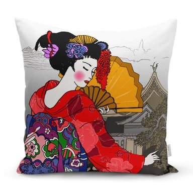 Etnik Desen Zeminli Sarı Yelpazeli Japon Kadın Motifli Kırlent Kılıfı