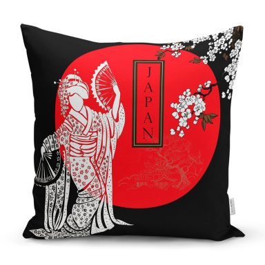 Beyaz Dal Desenli Çift Yelpazeli Japan Kadın Modern Yastık Kılıfı