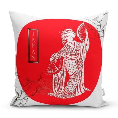 Ağaç Dal Motifli Japan Kız Motifli Dekoratif Kırlent Kılıfı