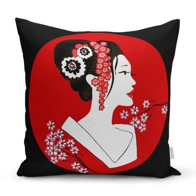 Siyah ve Kırmızı Zeminli Japon Kız Modern Kırlent Kılıfı