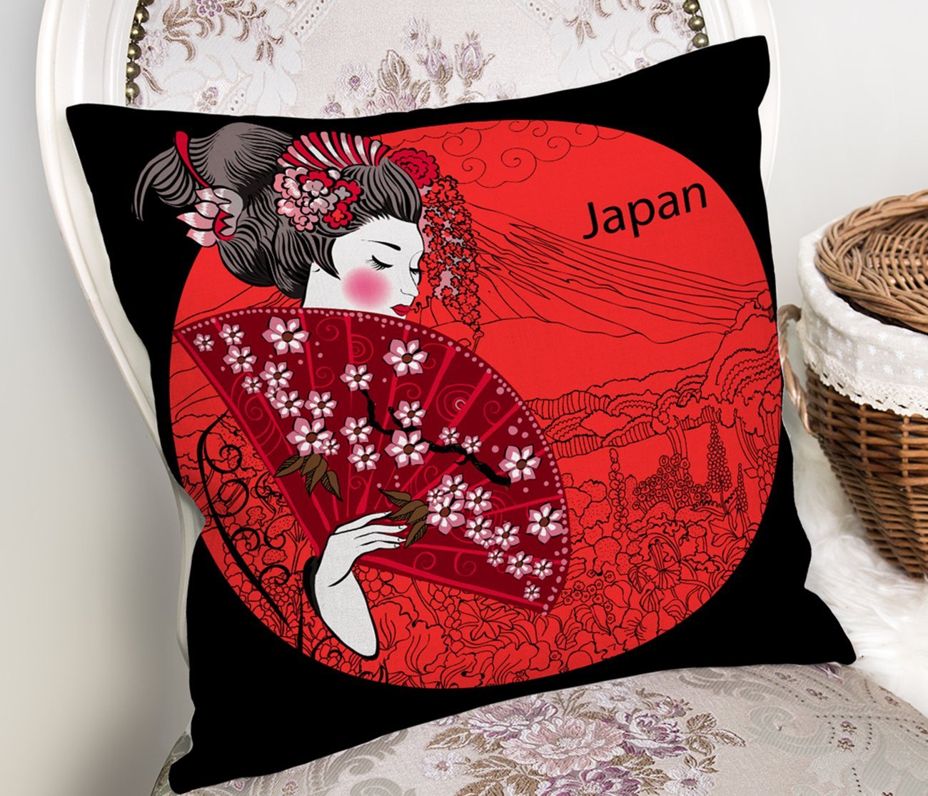 Rh-K5838-Kırmızı-Yelpazeli-Şaman-Japan-Kadın-Dekoratif-Yastık-Kılıfı-1