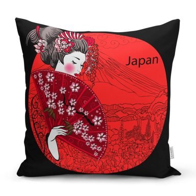 Kırmızı Yelpazeli Şaman Japan Kadın Dekoratif Yastık Kılıfı
