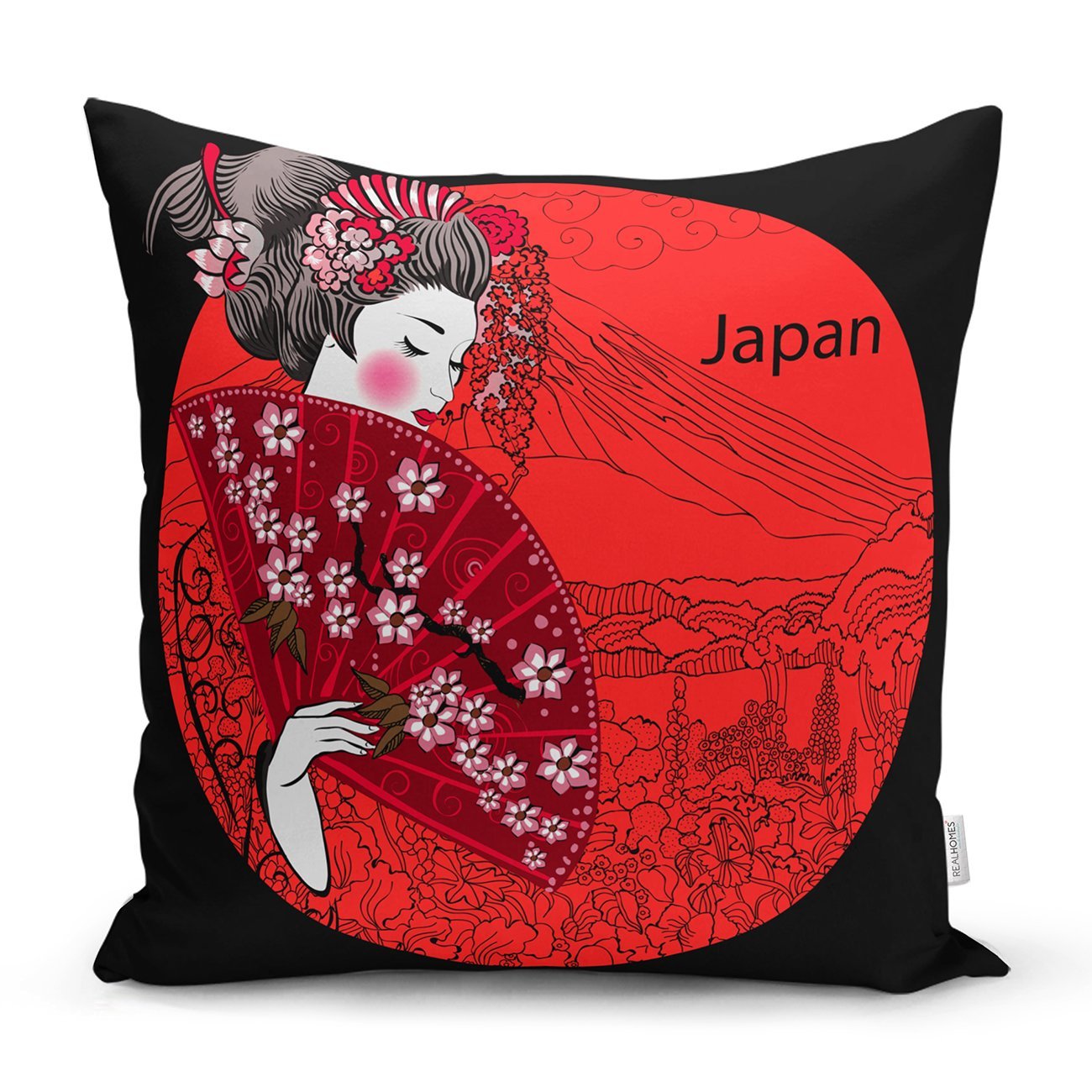 Rh-K5838-Kırmızı-Yelpazeli-Şaman-Japan-Kadın-Dekoratif-Yastık-Kılıfı