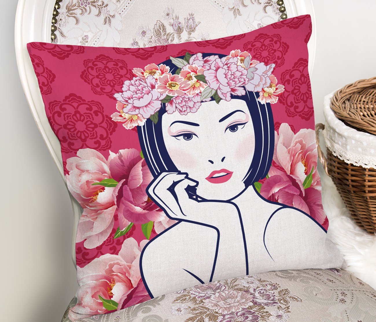 Rh-K5853-Çiçek-Taçlı-Japon-Kadın-Figürlü-Dekoratif-Kırlent-Kılıfı-1