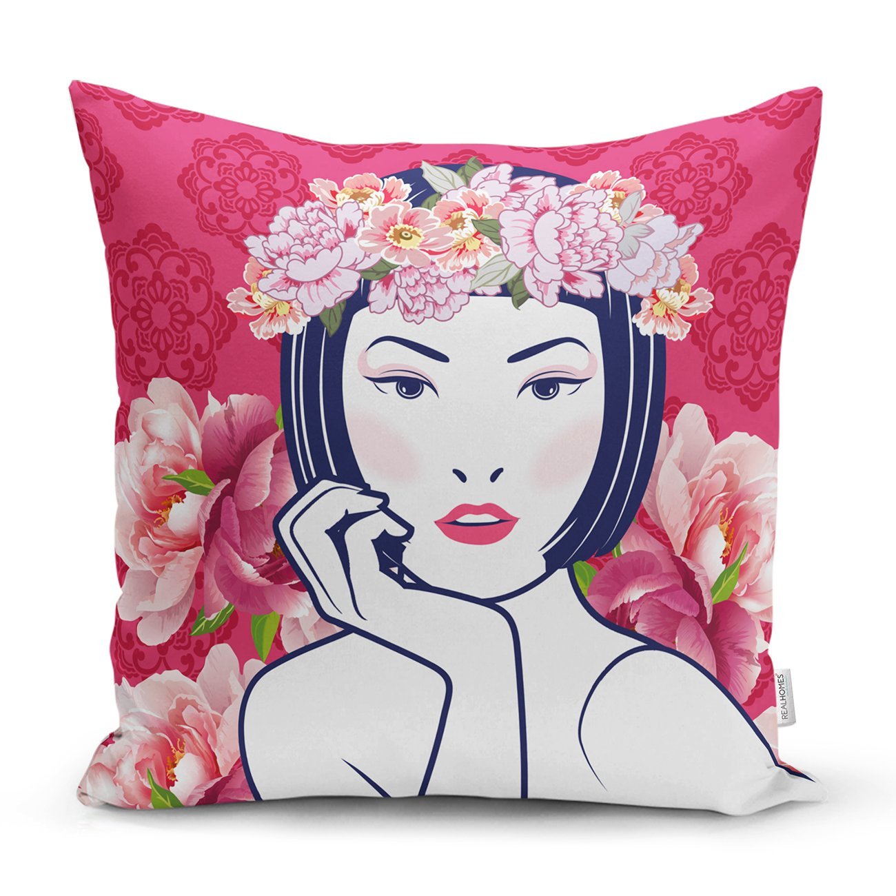 Rh-K5853-Çiçek-Taçlı-Japon-Kadın-Figürlü-Dekoratif-Kırlent-Kılıfı