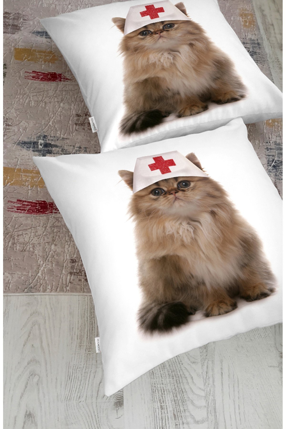 Rh-Hyer-5624-Hemşire-Şapkalı-Sevimli-Kedi-Baskılı-Modern-Hayvan-Yer-Minderi-1