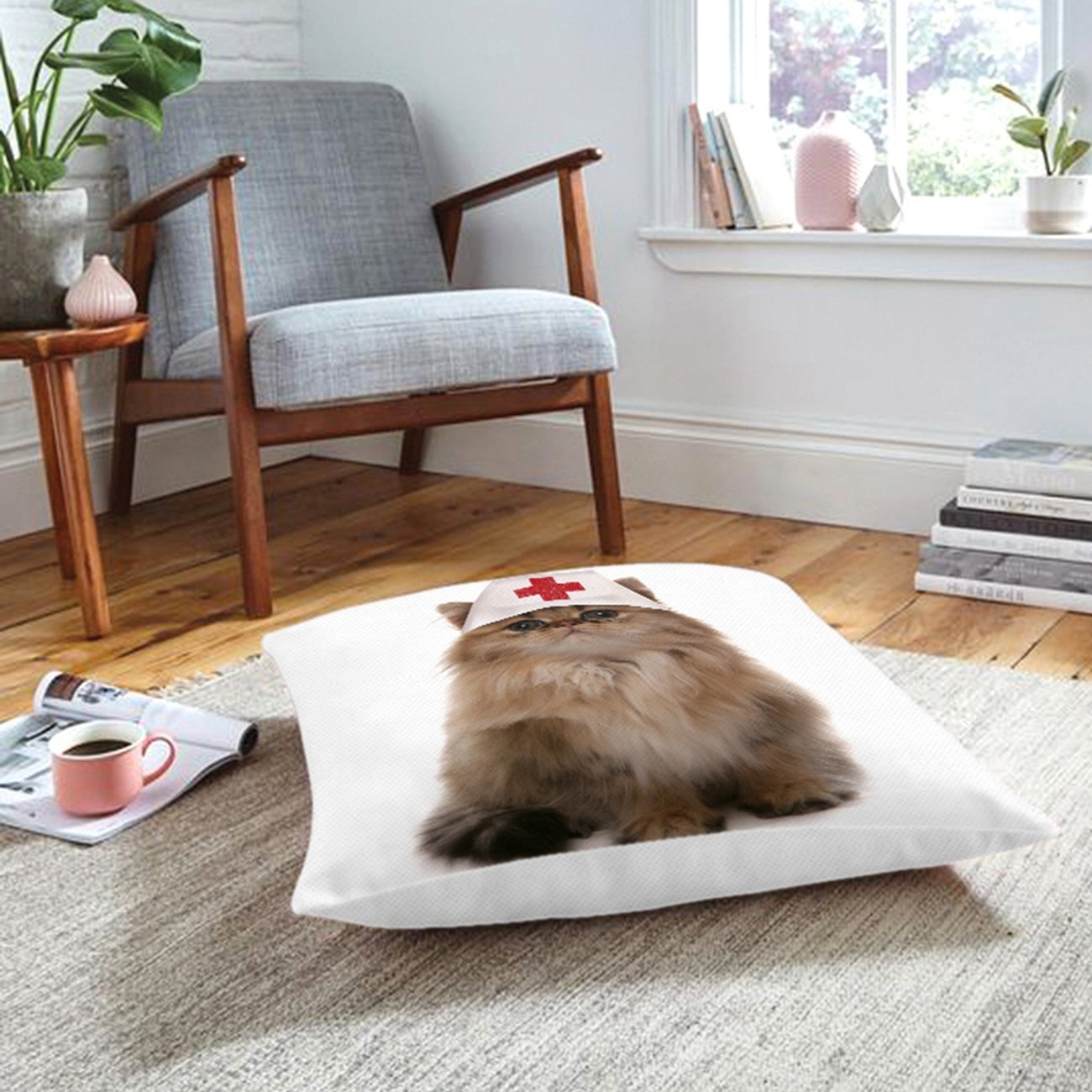 Rh-Hyer-5624-Hemşire-Şapkalı-Sevimli-Kedi-Baskılı-Modern-Hayvan-Yer-Minderi