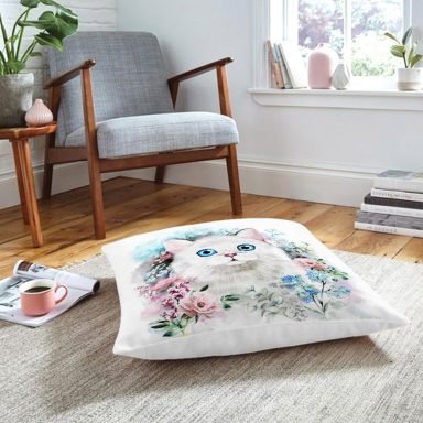 Çiçek Çerçeveli Kedi Motifli Modern Hayvan Yer Minderi