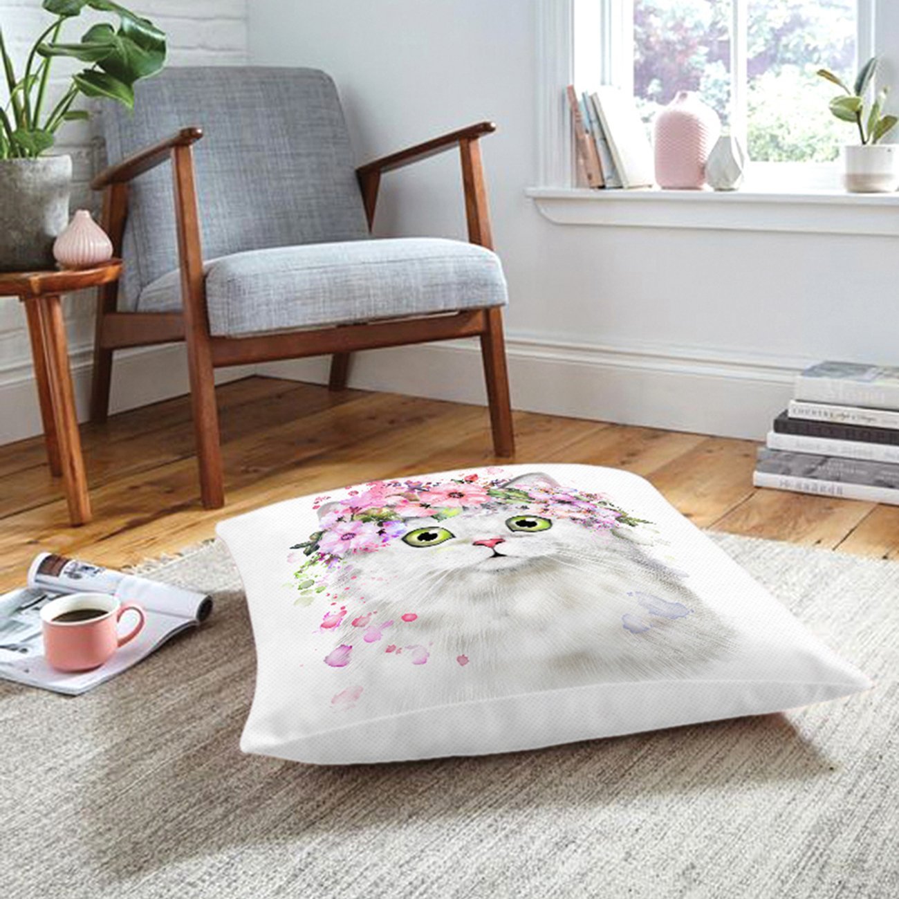 Rh-Hyer-5649-Çiçekli-Kedi-Motifli-Dijital-Baskılı-Modern-Hayvan-Yer-Minderi