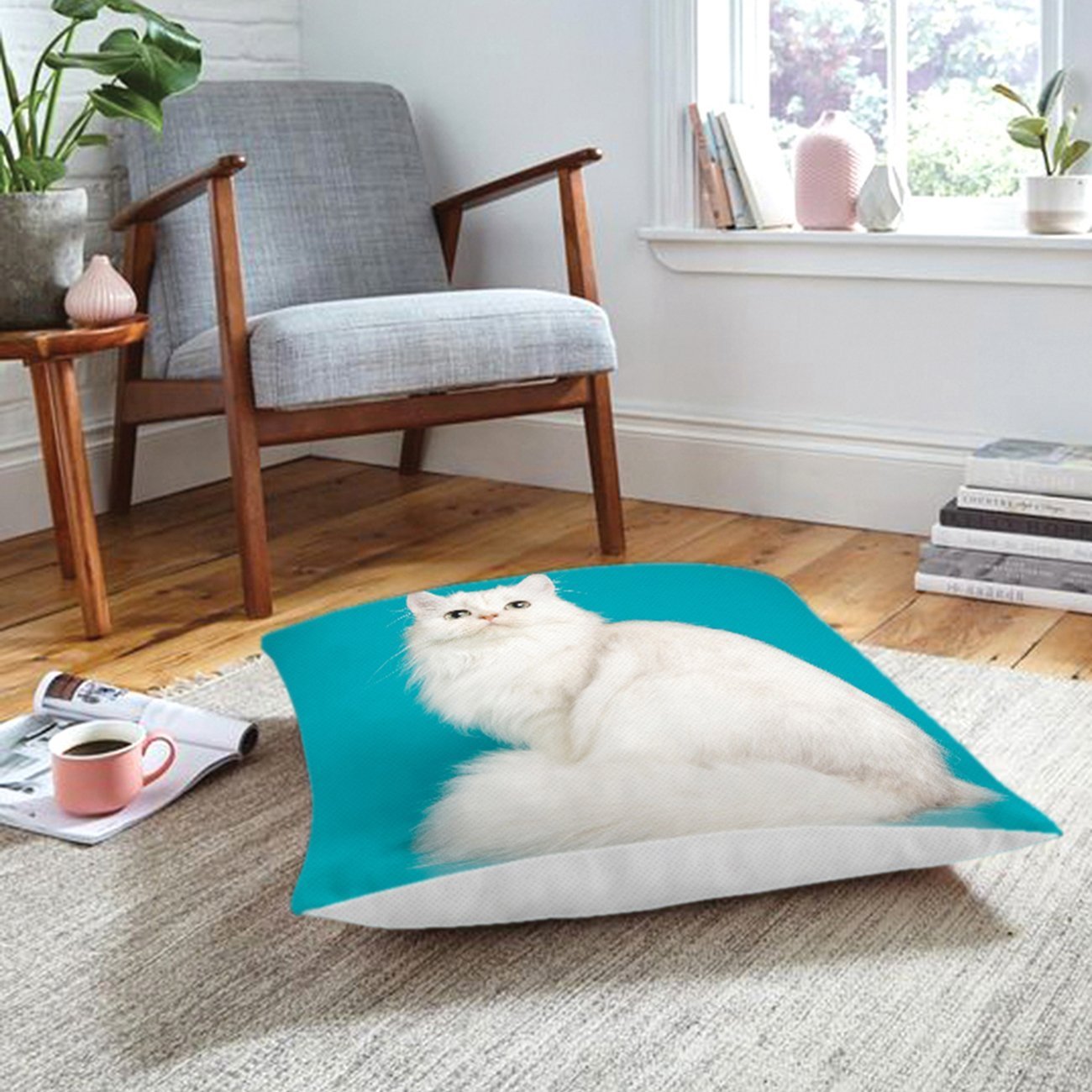 Rh-Hyer-5678-Mavi-Zeminde-Beyaz-Kedi-Desenli-Modern-Hayvan-Yer-Minderi