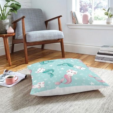 Deniz Kızı Kuyruklu Kedicikler Baskılı Modern Hayvan Yer Minderi