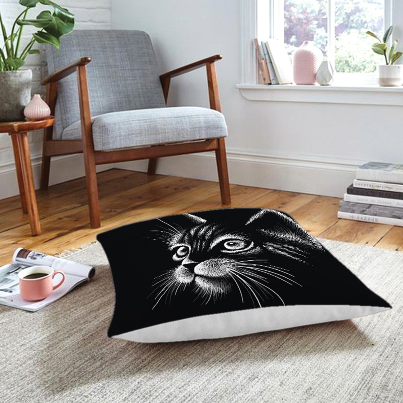 Rh-Hyer-5709-Siyah-Beyaz-Sevimli-Kedi-Baskılı-Modern-Hayvan-Yer-Minderi