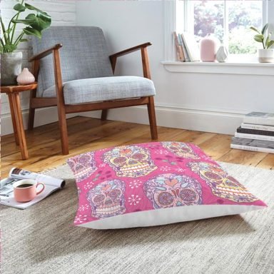 Realhomes Pembe Zeminli Kurukafa Dijital Baskılı Yer Minderi