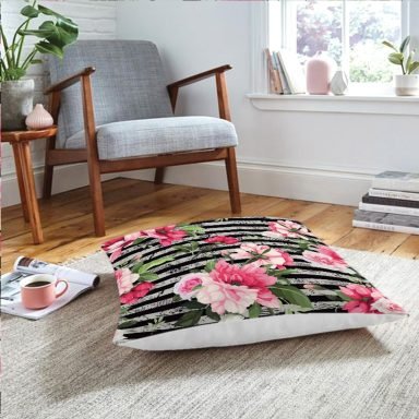 Realhomes Çizgili Zeminde Rengarenk Çiçekler Dijital Baskılı Modern Yer Minderi
