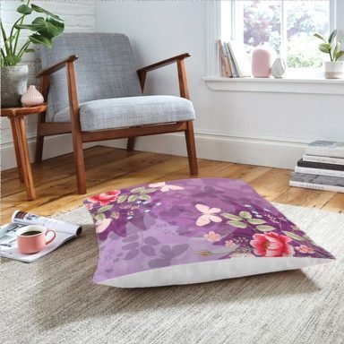 Realhomes Mor Zeminde Kelebek Desenli Dijital Baskılı Modern Yer Minderi