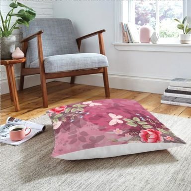 Realhomes Pembe Zeminde Kelebek Desenli Dijital Baskılı Modern Yer Minderi