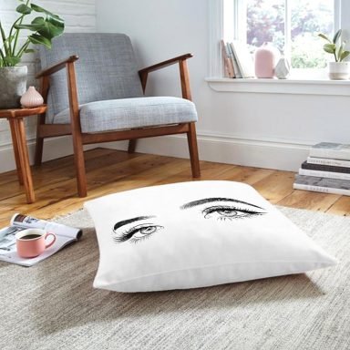 RealHomes Beyaz Zeminde Kirpik Motifli Özel Tasarım Yer Minderi