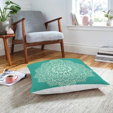 Turkuaz Zeminde Mandala Baskılı Modern Yer Minderi