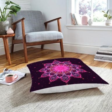 Siyah Zeminde Pembe Neon Mandala Desenli Dekoratif Yer Minderi