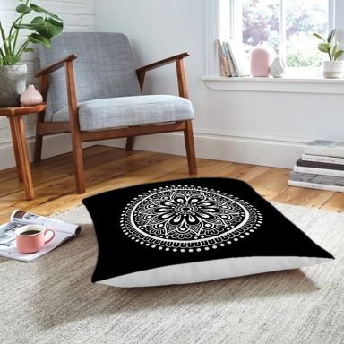 Siyah Beyaz Çiçek Desenli Mandala Motifli Yer Minderi