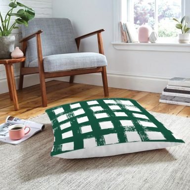 Koyu Yeşil Geometrik Kare Motifli Dekoratif Yer Minderi