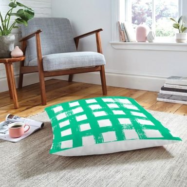 Yeşil Zeminde Geometrik Kare Motifli Dekoratif Yer Minderi