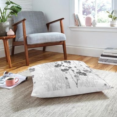 Karakalem Çizimli Çiçek Tasarım Baskılı Modern Yer Minderi