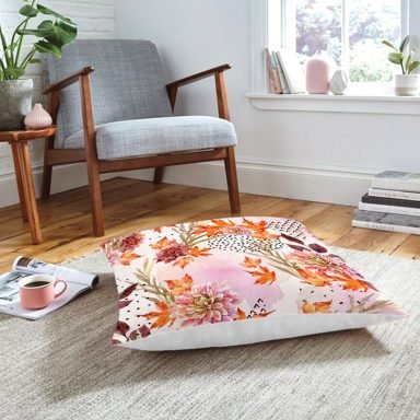 Sonbahar Temalı Pembe Çiçek Desenli Özel Tasarım Modern Yer Minderi