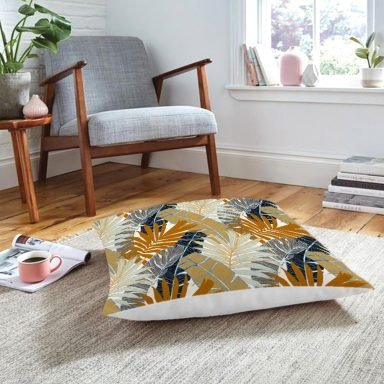 RealHomes Kahve Ve Gri Renk Yaprak Motifli Dijital Baskılı Yer Minderi