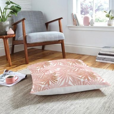 Pembe Tropik Yaprak Motifli Özel Tasarım Dijital Baskılı Yer Minderi