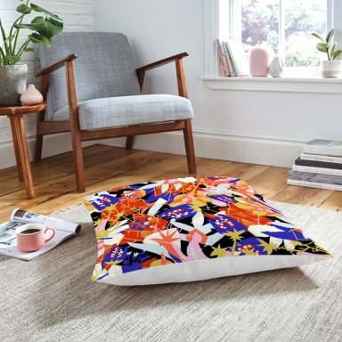 Siyah Zeminde Soyut Geometrik Çizimli Dekoratif Modern Yer Minderi