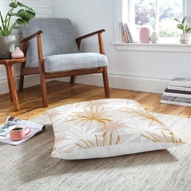 Beyaz Ve Gold Yaprak Desenli Özel Tasarım Modern Yer Minderi