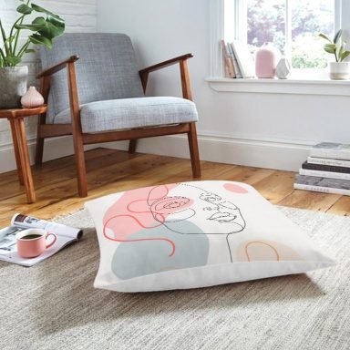 Kırmızı Şeritli Portre Çizimli Dekoratif Modern Yer Minderi