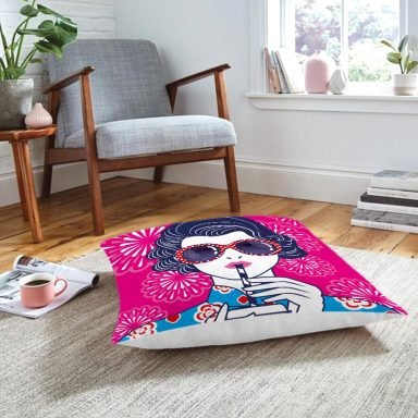 Pembe Zeminde Havai Fişek Figürlü Gözlüklü Fashion Girl Modern Yer Minderi