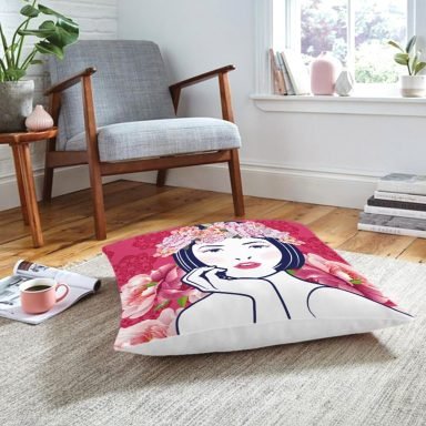 Çiçek Taçlı Japon Kadın Figürlü Dekoratif Yer Minderi