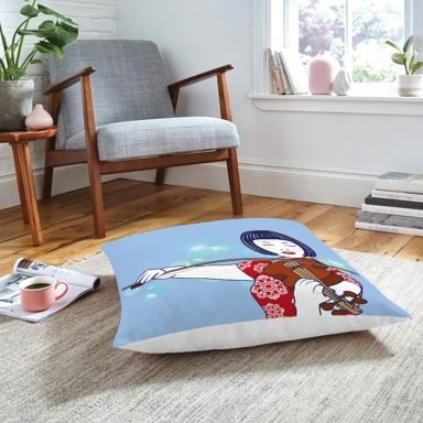 Mavi Zeminde Keman Çalan Japon Kız Desenli Dekoratif Yer Minderi