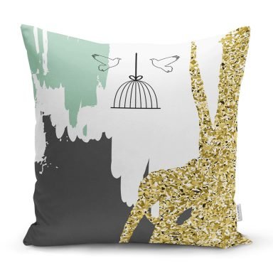 Kafes Ve Kuş Motifli Gold Modern Motifler Yastık Kırlent Kılıfı