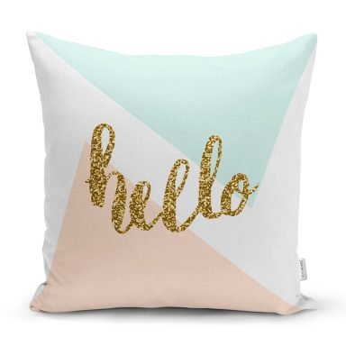 Gold Hello Yazılı Modern Motifler Dijital Baskılı Modern Yastık Kırlent Kılıfı