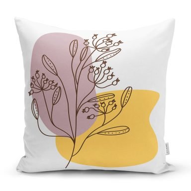 Sarı Pubra Renkli İnce Dal Motifli Dijital Baskılı Modern Yastık Kırlent Kılıfı