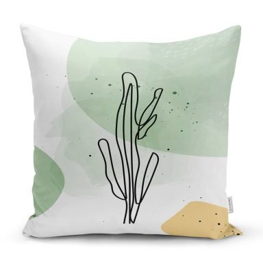 Soft Renkli Onedraw Yaprak Temalı Dijital Baskılı Modern Yastık Kırlent Kılıfı