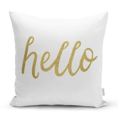 Beyaz Zeminde Gold Hello Yazılı Dijital Baskılı Modern Yastık Kırlent Kılıfı