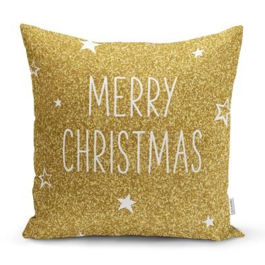 Gold Zeminde Merry Christmas Yazılı Dijital Baskılı Modern Yastık Kırlent Kılıfı