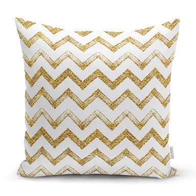 Beyaz Zeminde Gold Zigzag Desenli Dijital Baskılı Modern Yastık Kırlent Kılıfı