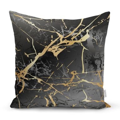 Siyah Zeminde Gold Renkli Çizim Desenli Dijital Baskılı Modern Yastık Kılıfı