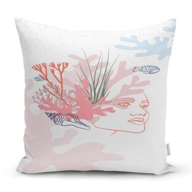 Beyaz Zemin Üzerinde Botanical Face Dijital Baskılı Modern Yastık Kırlent Kılıfı