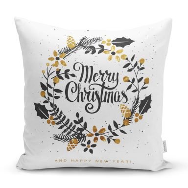 Beyaz Zeminli Merry Christmas Yazılı Dijital Baskılı Modern Yastık Kırlent Kılıfı