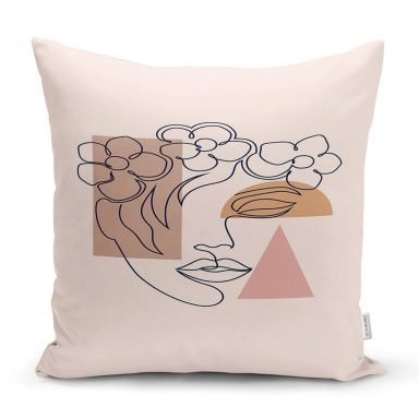 Pastel Zeminli Onedraw Çizimli Bayan Silüeti Dijital Baskılı Modern Kırlent Kılıfı