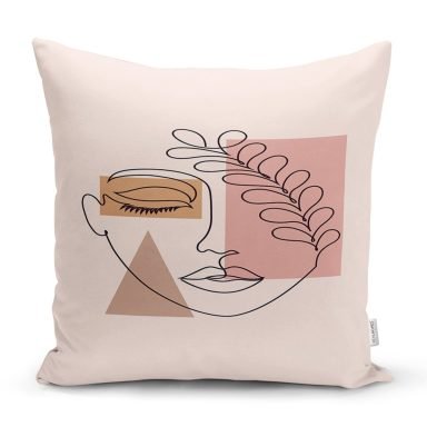 Pastel Zeminli Onedraw Çizimli Bayan Silüeti Dijital Baskılı Modern Kırlent Kılıfı