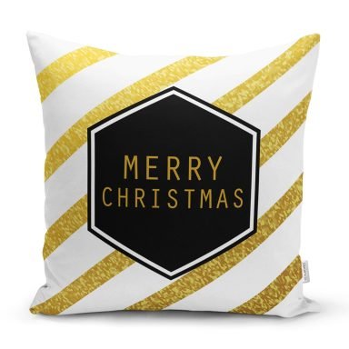 Beyaz Zemin Üzerinde Gold Detaylı Merry Christmas Yazılı Yastık Kırlent Kılıfı